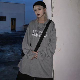Long-sleeve Letter T-shirt Gray - One Size