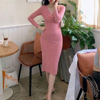 V-neck Sheath Midi Knit Dress