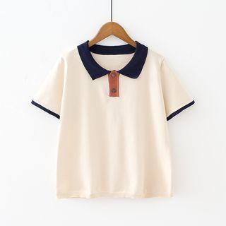 Short-sleeve Contrast Trim Placket Knit Top