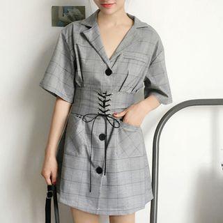 Elbow-sleeve Buttoned Plaid Mini Coatdress