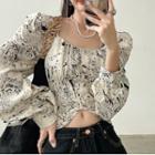 Long-sleeve Puff-sleeve Square-neck Tie-dye Cropped Shirt