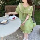 Short-sleeve Ruffle Trim Sleep Dress Green - One Size