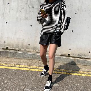 Band-waist Pleather Shorts Black - One Size