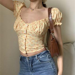 Puff-sleeve Floral Printed Cropped Top