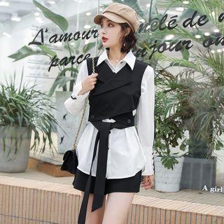 Set: Long-sleeve Shirt + Vest + Wide Leg Shorts