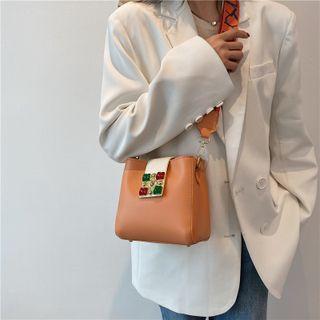 Printed Strap Rhinestone Buckled Bucket Bag