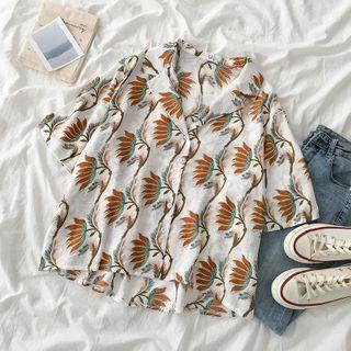 Flower Print Short-sleeve Blouse White - One Size