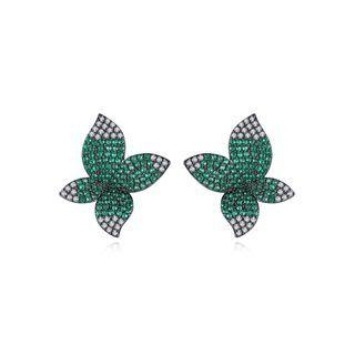 Fashion Bright Plated Black Flower Green Cubic Zirconia Stud Earrings Black - One Size