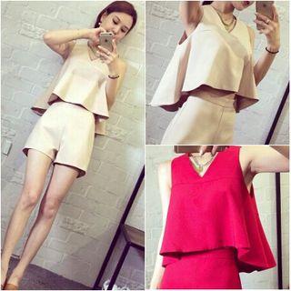 Set: Sleeveless V-neck Flared Top + Shorts