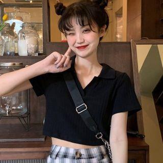 Short-sleeve Cropped Polo Shirt / Mini Pleated Skirt / Plaid Wide Leg Pants