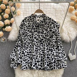 Leopard Print Print Lantern-sleeve Chiffon Top