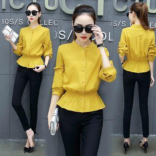 Long-sleeve Gathered-waist Shirt