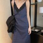 Strappy Plaid A-line Dress Blue - One Size
