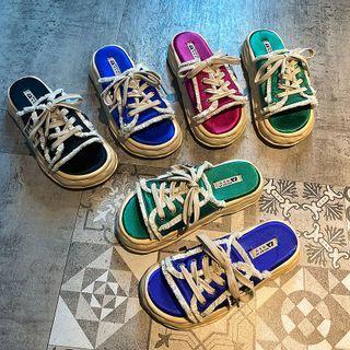 Applique Lace Up Platform Slide Sandals