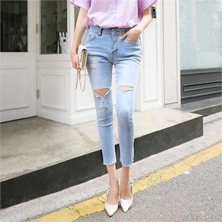 Hidden Band-waist Slit-cut Skinny Jeans