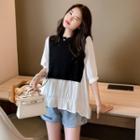 Elbow-sleeve Mock Two-piece Color Block Top White - One Size