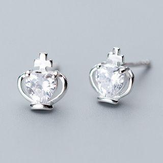 925 Sterling Silver Rhinestone Crown & Cross Earring