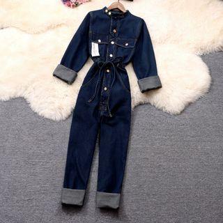 Plain Shirt / Long-sleeve Denim Jumpsuit / Set