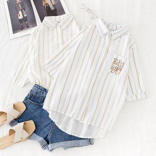 3/4-sleeve Striped Lettering Shirt
