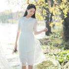 Set: Elbow-sleeve Lace Midi Dress + Slipdress