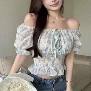 Short-sleeve Cold Shoulder Floral Top Blue Floral - White - One Size