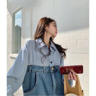 Long-sleeve Striped Panel Denim Jumpsuit Stripes Panel - Blue - One Size