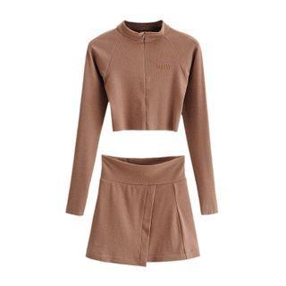 Set: Long-sleeve Half-zip Cropped T-shirt + Mini Pencil Skirt
