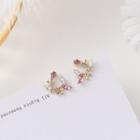 Rhinestone Flower Earring 1 Pair - 925 Silver Needle Earring - Rose Pink & Silver & Gold - One Size