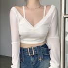 Mock Two-piece V-neck Cropped Sweater White - M