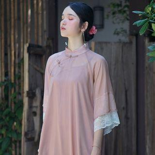 Set: Elbow-sleeve Midi Qipao + Slipdress Mauve Pink - One Size
