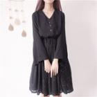 Mock Two-piece Zodiac Long-sleeve A-line Dress Black - One Size