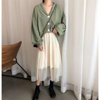 Lapel Blouse / A-line Midi Mesh Skirt