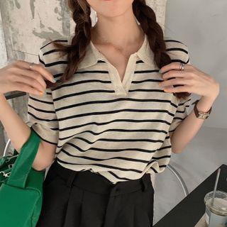 Short-sleeve Polo-neck Striped Top