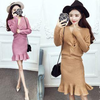 Set: Plain V-neck Long Sleeve Knit Top + Frill Hem A-line Skirt