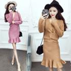 Set: Plain V-neck Long Sleeve Knit Top + Frill Hem A-line Skirt
