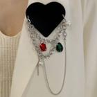 Rhinestone Layered Chain Heart Brooch Black & Silver - One Size