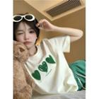 Short-sleeve Heart Embroidery T-shirt Milky White & Green - One Size