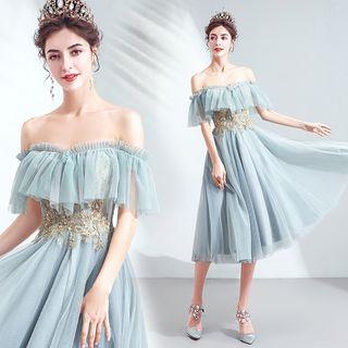 Off-shoulder Flower Applique A-line Midi Prom Dress