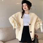 Plain Bow Button-up Knit Cardigan Almond - One Size