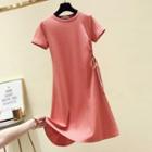 Plain Short-sleeve Drawstring Midi A-line T-shirt Dress