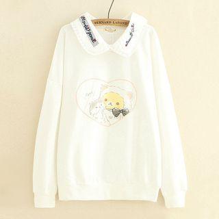 Embroidered Collar Cat Print Pullover