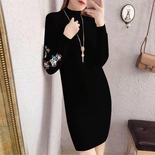 Floral Embroidered Mock-neck Mini Bodycon Sweater Dress