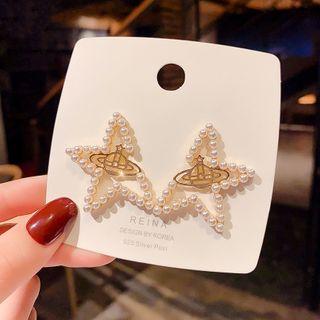 925 Sterling Silver Faux Pearl Star Stud Earring 1 Pair - E1108 - Gold - One Size