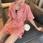Short-sleeve Single Breasted Tie-waist Playsuit Pink - One Size