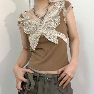 Off-shoulder Lace-panel Butterfly Crop Top