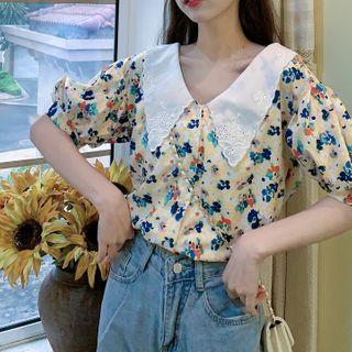 Lace Pointed Collar Floral Print Shirt Off-white - One Size