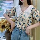 Lace Pointed Collar Floral Print Shirt Off-white - One Size