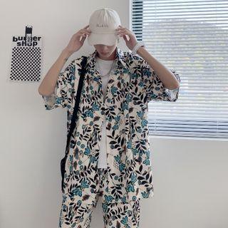 Set: Short-sleeve Floral Printed Shirt + Shorts