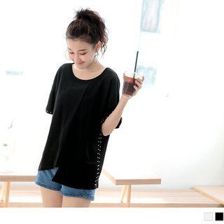 Beaded Trim Asymmetric Short Sleeve Top