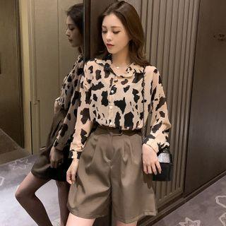 Set: Long-sleeve Animal Print Shirt + Wide Leg Dress Shorts